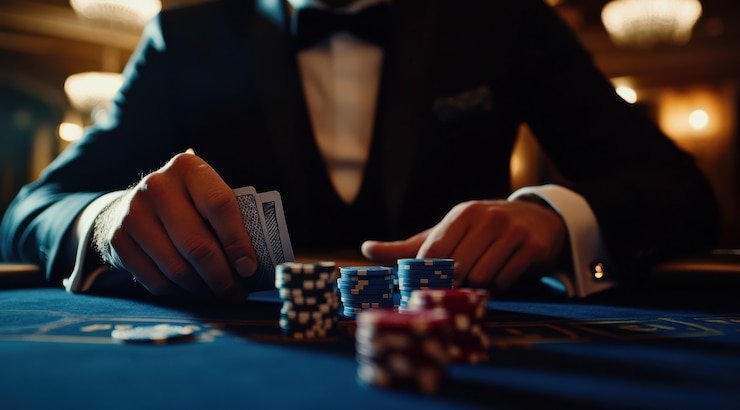 Dealer langsung di studio kasino qqhok dengan multi-kamera profesional